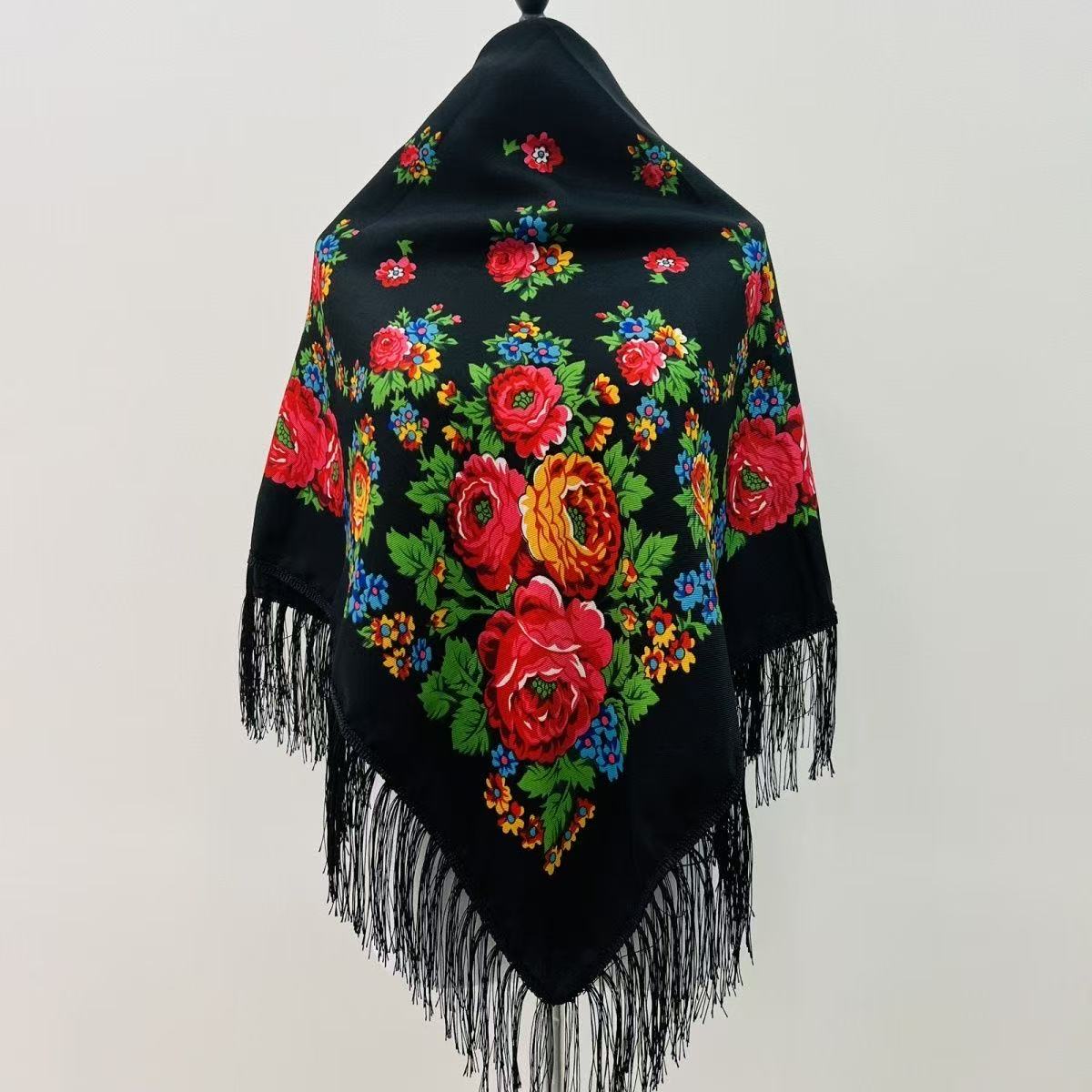 Bandana Cotton - 120×120cm 高級花柄 ロシア民族風 スクエアスカーフ レディース フリンジ付き