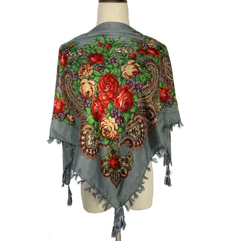 Bandana Cotton - 女性のロシアの花の正方形のスカーフ、女性のバンダナショール、ハンカチ、ヘッドスカーフ、伝統的なロシア、フリンジ、ウゴッド、90x90cm