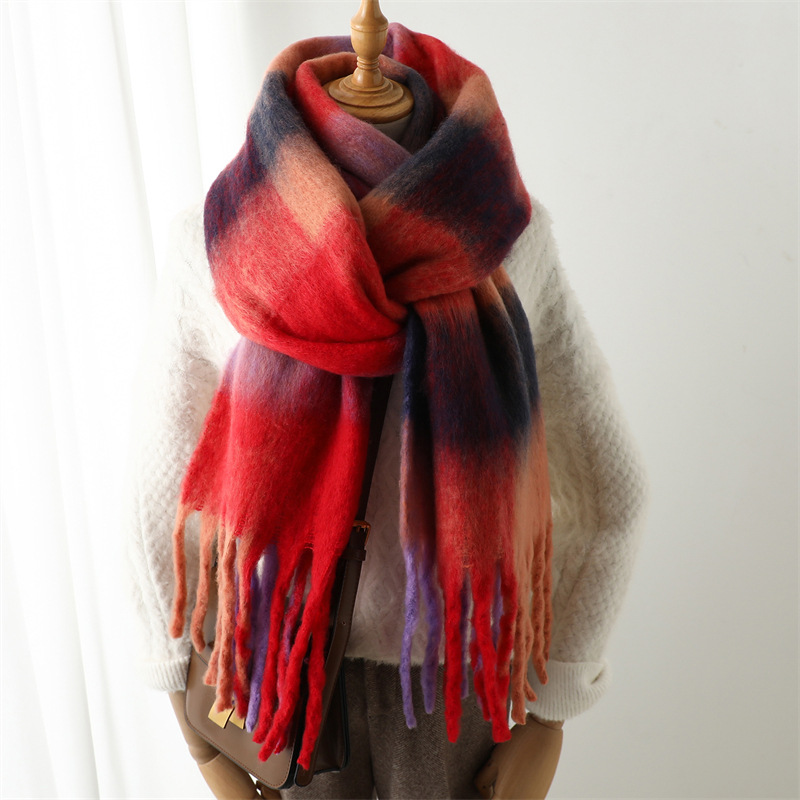 Muffler Men Wool - 新作秋冬グリッドスカーフ 女性用 240*38cm 男性用 厚手暖かいスカーフ レインボータッセルショール