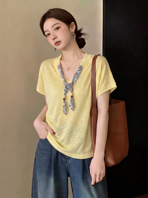 ドーパミンイエロー竹綿 V ネック半袖 Tシャツ女性の夏の新 - Silk Neck Scarf のレビューと価格