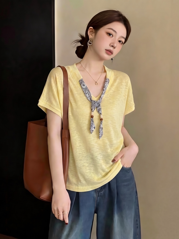 ドーパミンイエロー竹綿 V ネック半袖 Tシャツ女性の夏の新 - Silk Neck Scarf のレビューと価格