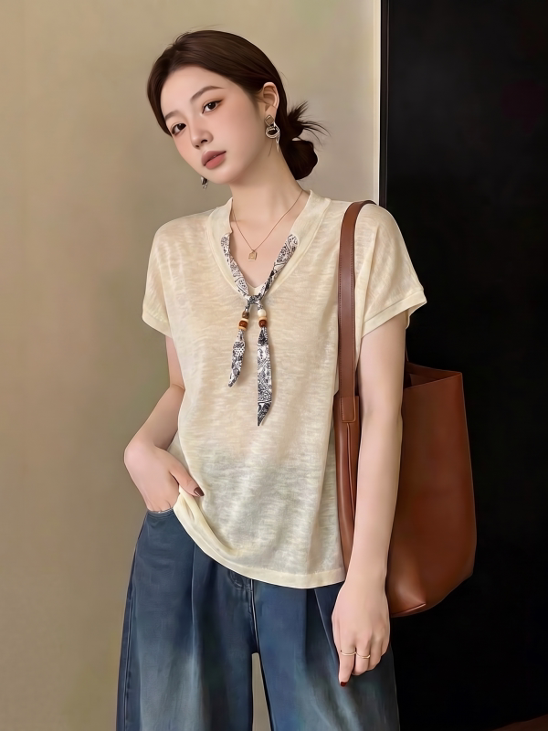 ドーパミンイエロー竹綿 V ネック半袖 Tシャツ女性の夏の新 - Silk Neck Scarf のレビューと価格